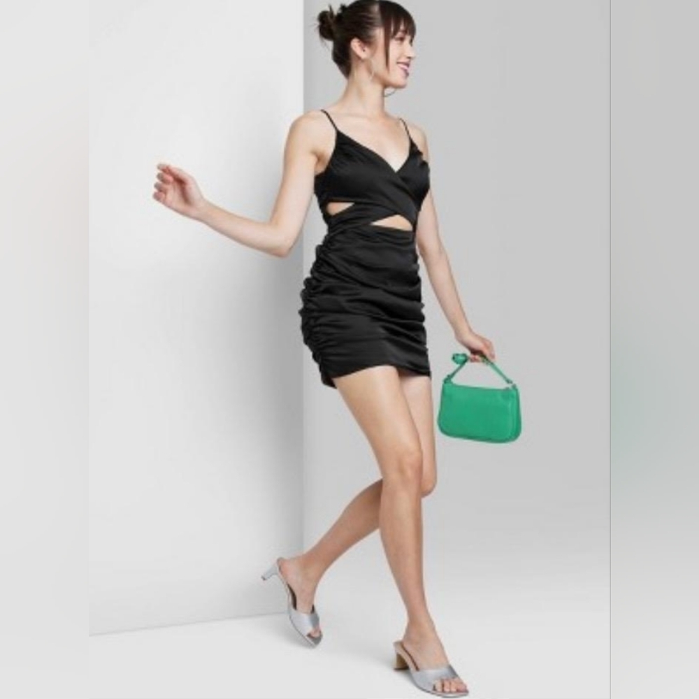 Women's Sleeveless Ruched Satin Bodycon Dress - Wild Fable Black…